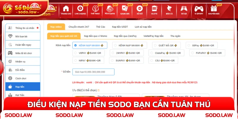 Điều kiện nạp tiền SODO bạn cần tuân thủ